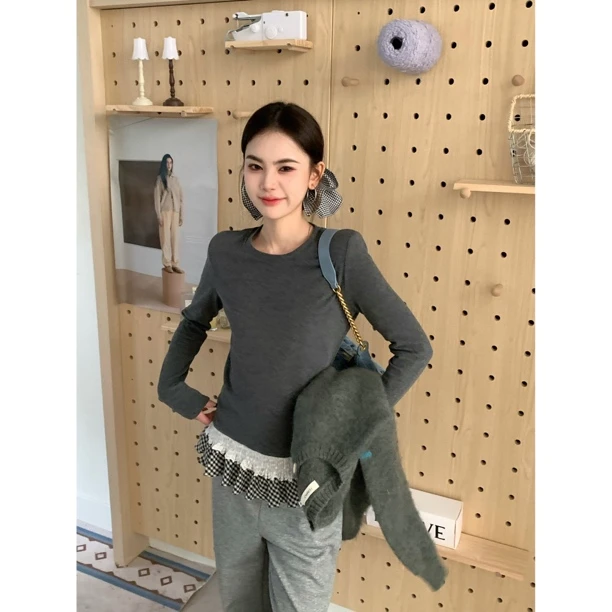 【赵小小yimao】76663 纯色圆领下摆荷叶边显瘦长袖T恤打底衫上衣