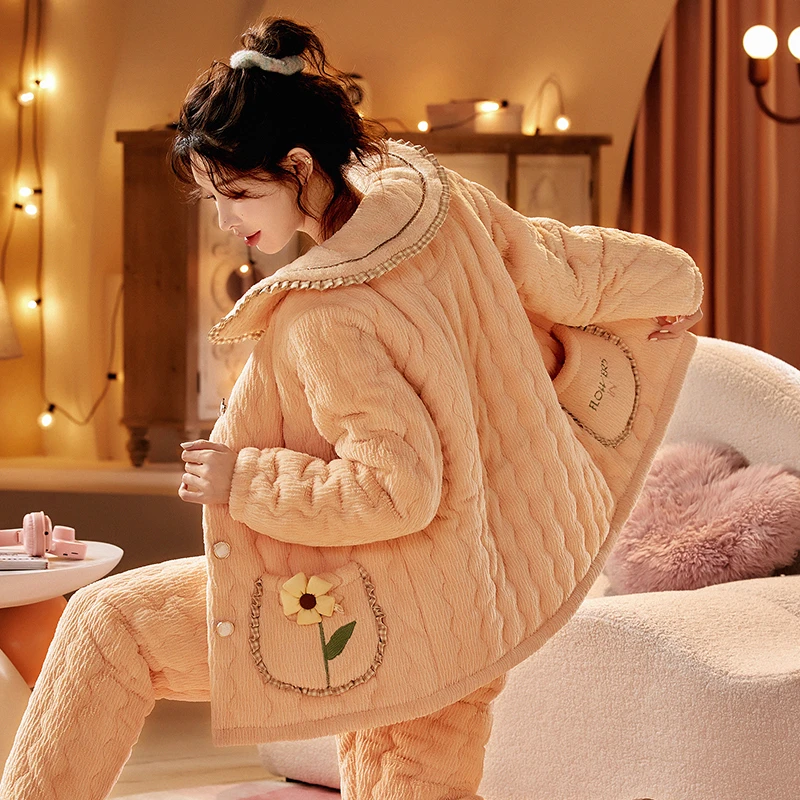 冬季加绒保暖家居服套装女2024年冬季新款开衫保暖加绒睡衣套装