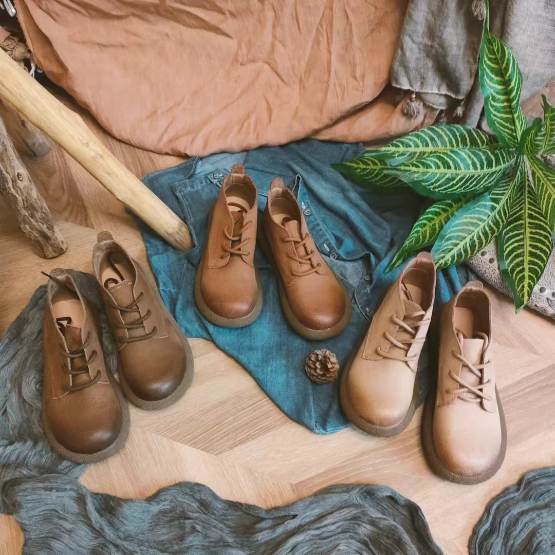 拙手作2025秋季新款牛皮踝靴时尚系带休闲百搭复古真皮短靴女平底