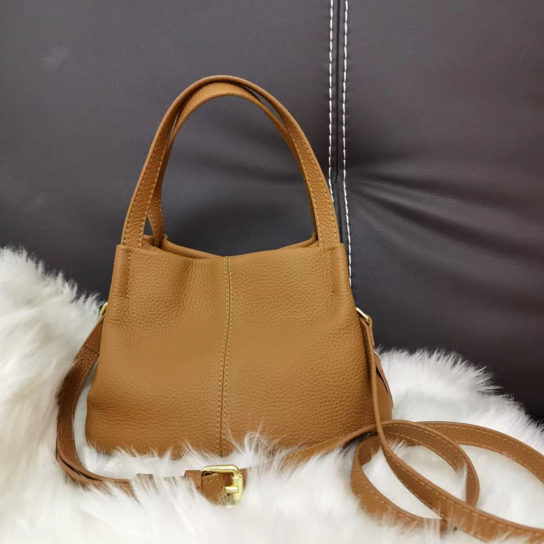 真皮轻奢简约时尚女士百搭通勤手提水桶包单肩包3001