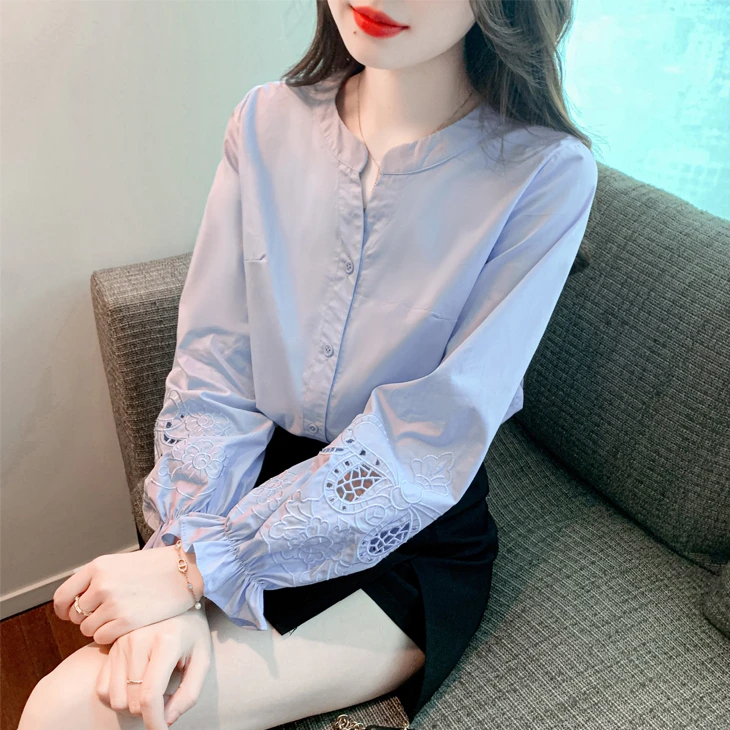 春秋季女装新款时尚复古设计棉布女士衬衫2024年气质优雅长袖衬衣