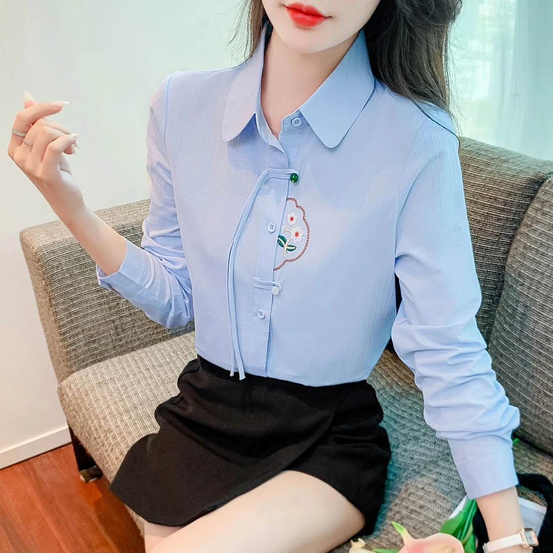 春秋季2025女装新款时尚国风刺绣纯棉衬衫女气质盘扣百搭长袖衬衣