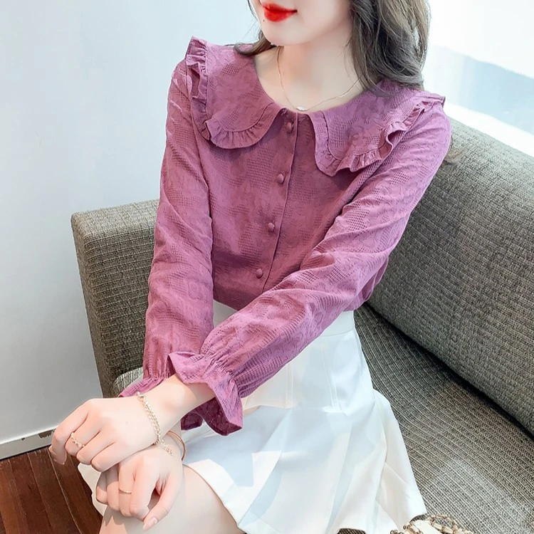 2025年春秋季女装新款气质娃娃领棉布衬衫女洋气减龄百搭长袖衬衣