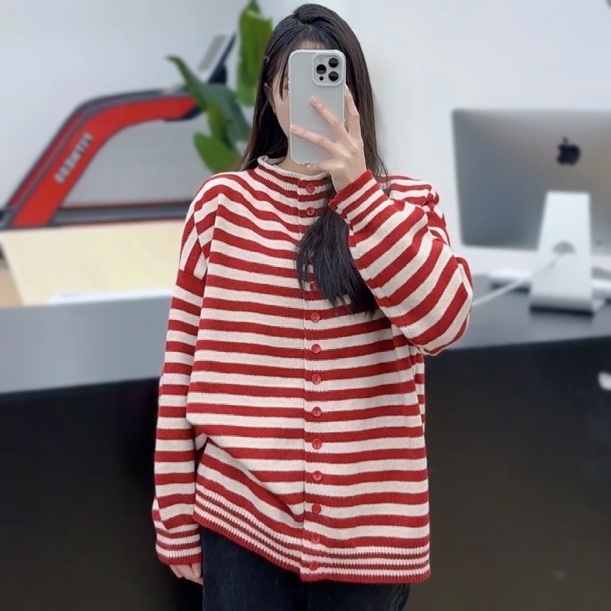 JUANJUAN自制红杏条纹卷边领休闲宽松显瘦慵懒风开衫毛衣百搭