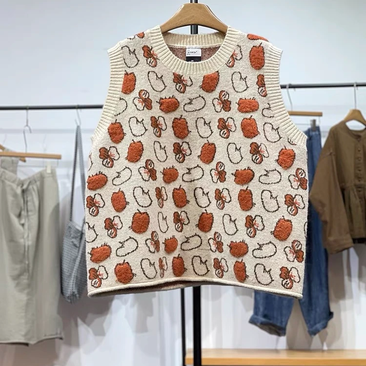 JUANJUAN自制【杏色三叶草立体小苹果】秋冬日系复古套头毛衣马夹