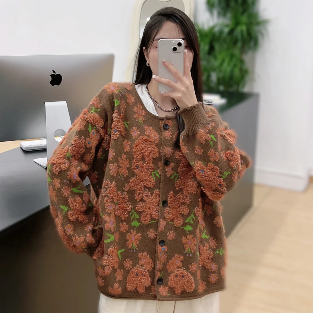 JUANJUAN自制【咖啡色水母】重工立体提花显瘦百搭开衫毛衣外套