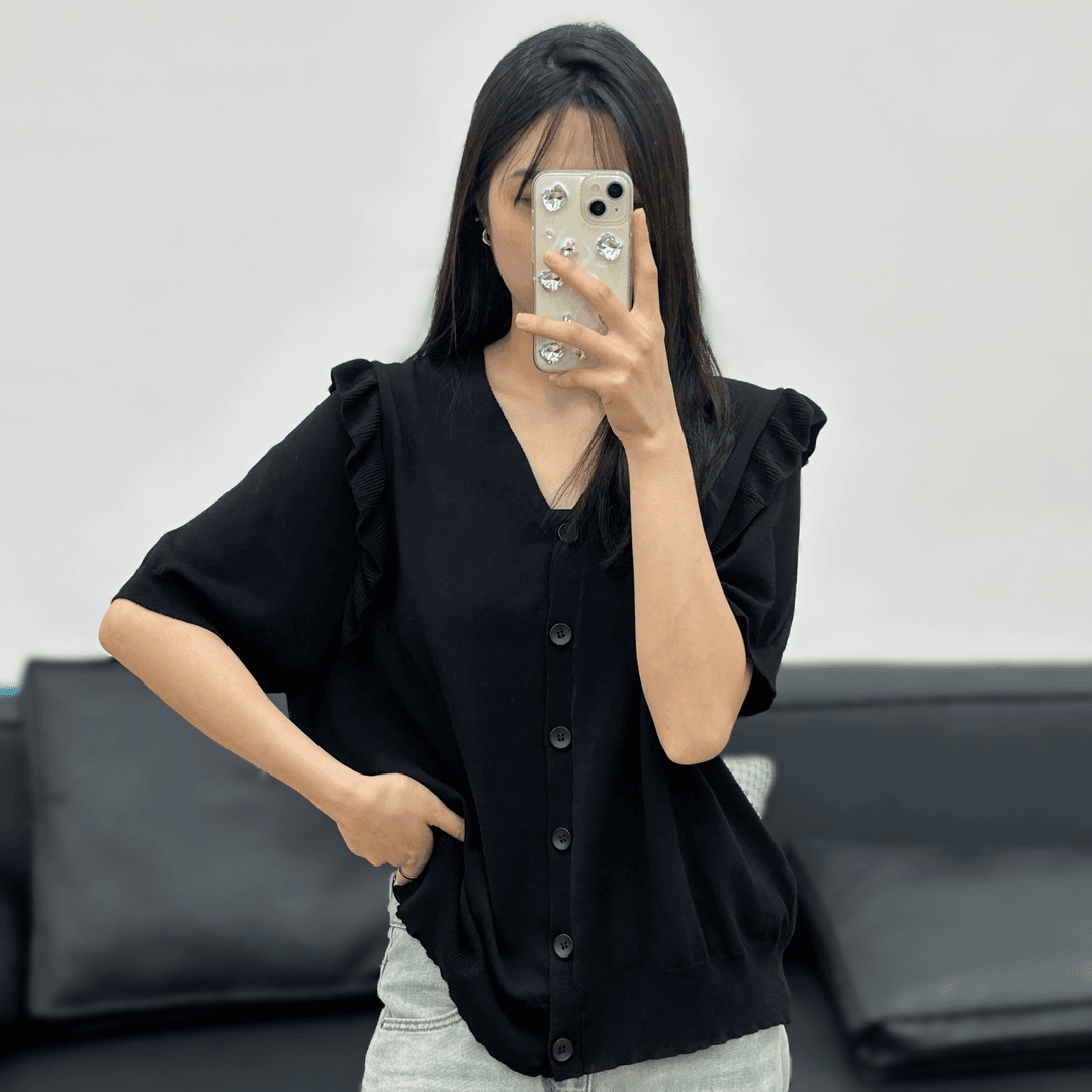 JUANJUAN自制黑色开衫飞飞袖显瘦高级短袖毛针织衫