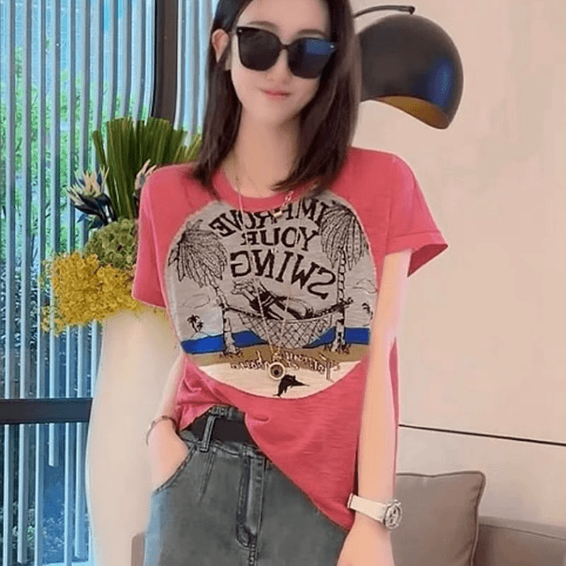 JUANJUAN自制大码女装椰树图案竹节麻T恤显瘦洋气休闲百搭