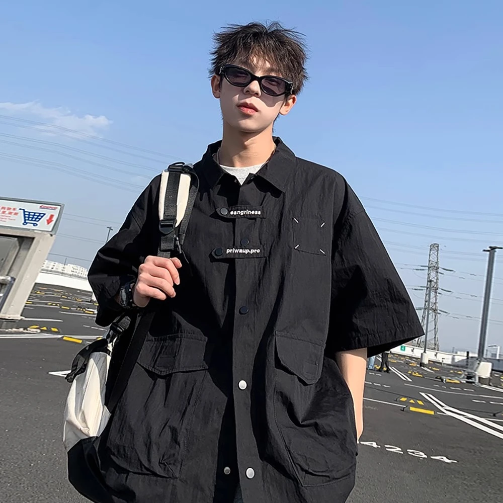 日系伐木工装衬衫男潮流港风薄款oversize潮牌青少年宽松半袖衬衣