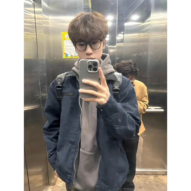 藏青色底特律夹克男秋冬美式复古工装外套水洗翻领牛仔上衣