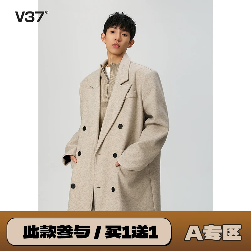 V37黑色高级感毛呢大衣男款2024冬季中长款韩版呢子加厚风衣外套