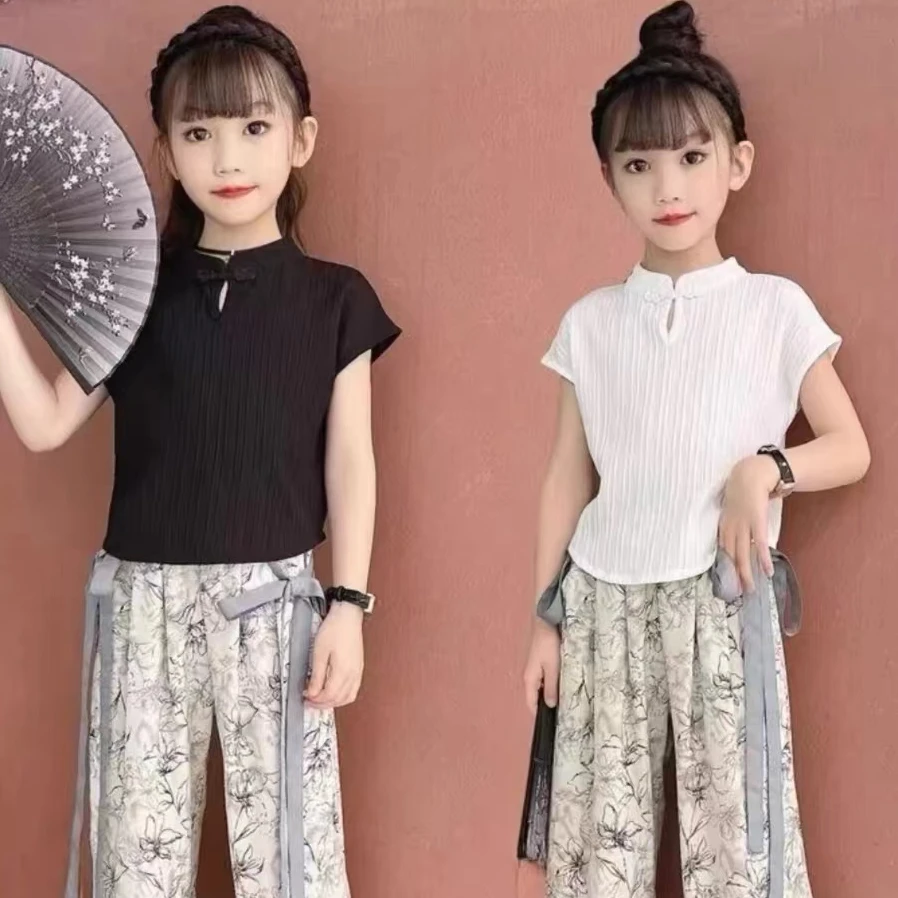 新中式女孩无袖体恤薄款修身复古上衣夏季中国风女童T恤洋气纯色