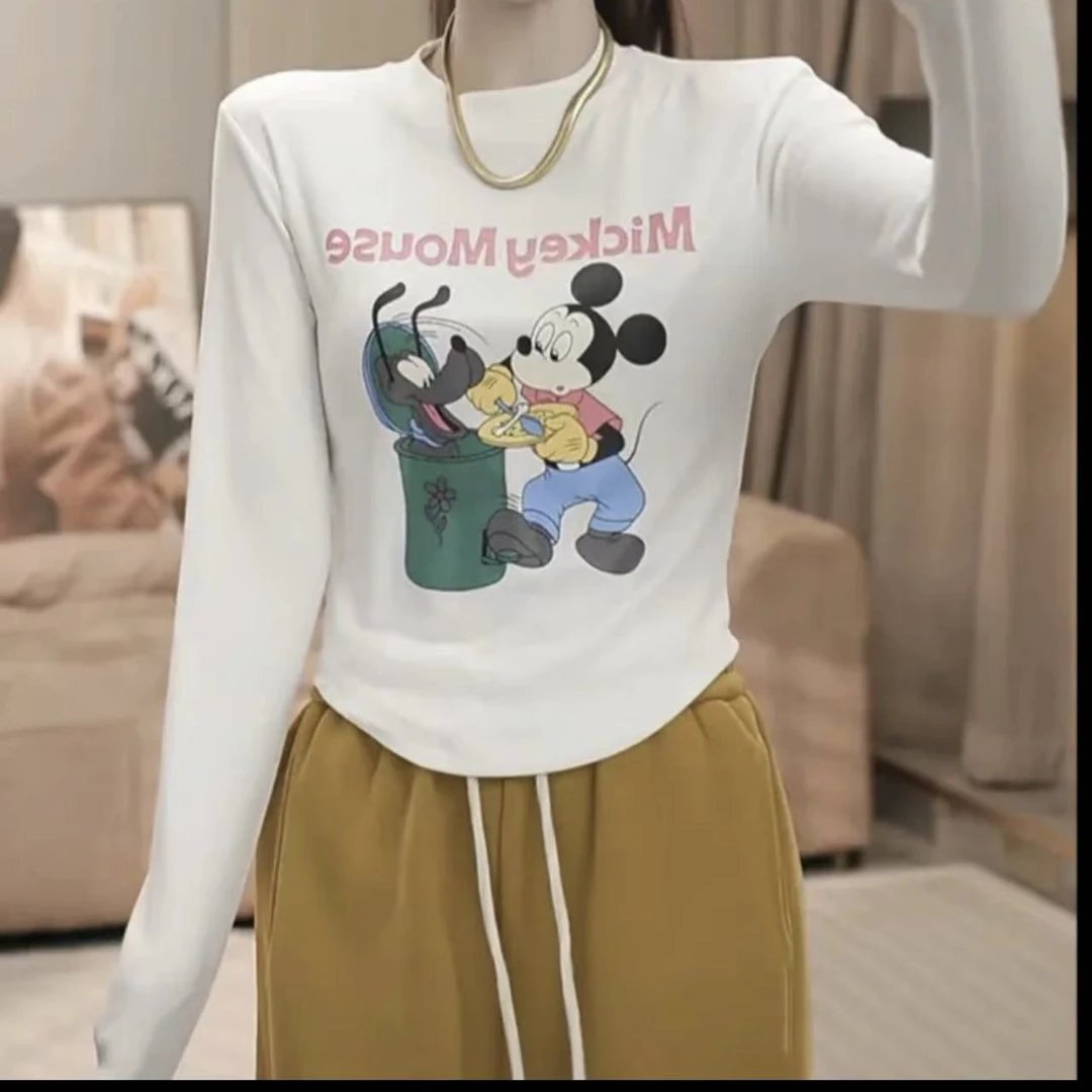 卡通图案设计感加绒长袖T恤女秋季新款圆领内搭打底上衣