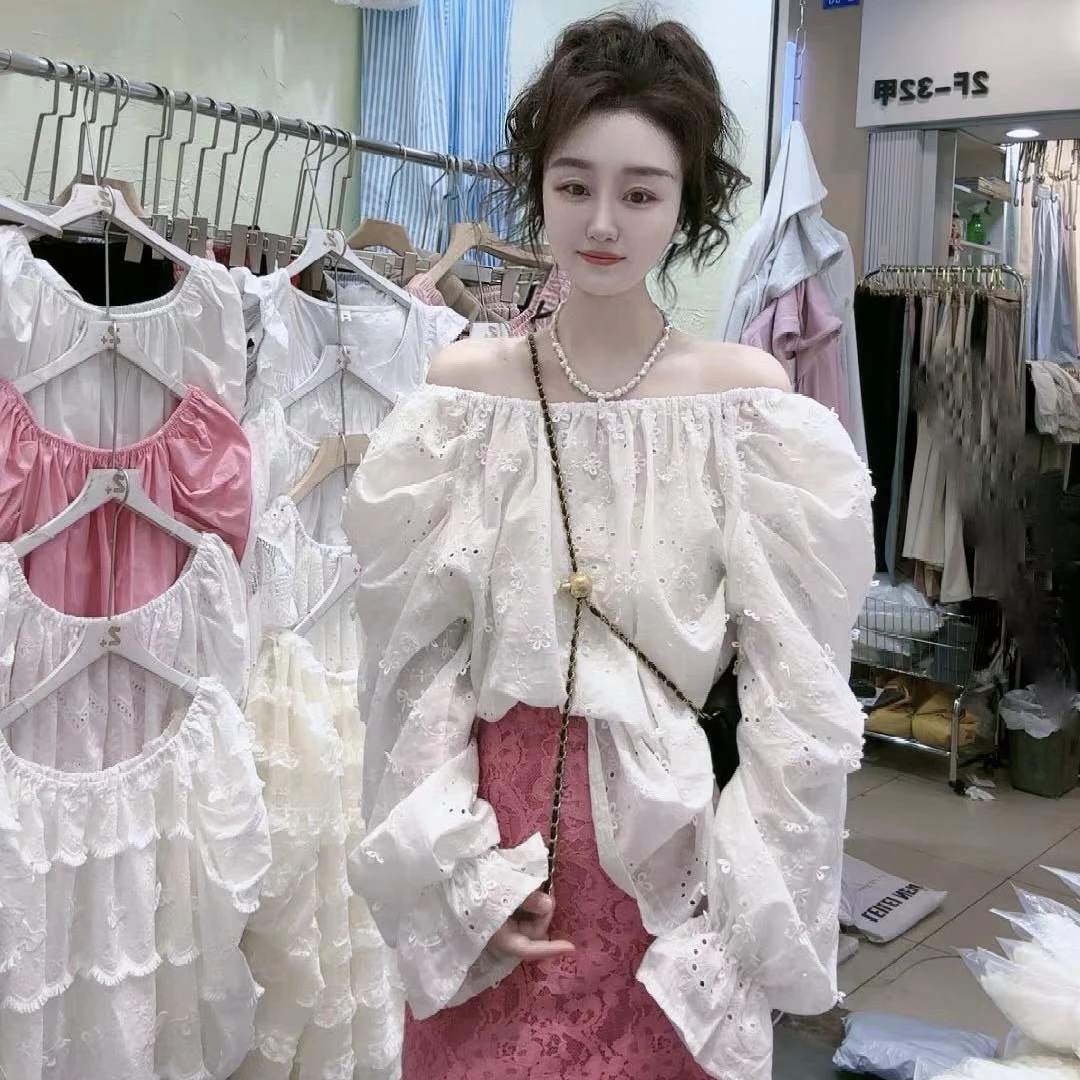 2024新品两穿花朵刺绣一字肩衬衫重工设计感