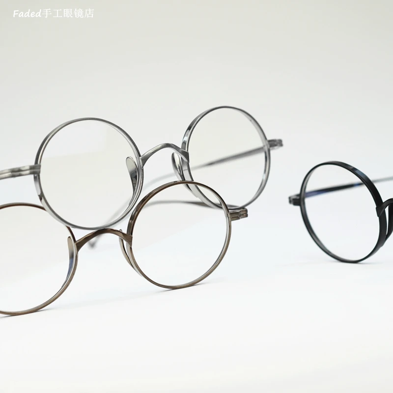 Faded超轻纯钛日系复古文艺黑金银色小圆形手工近视眼镜框潮男女