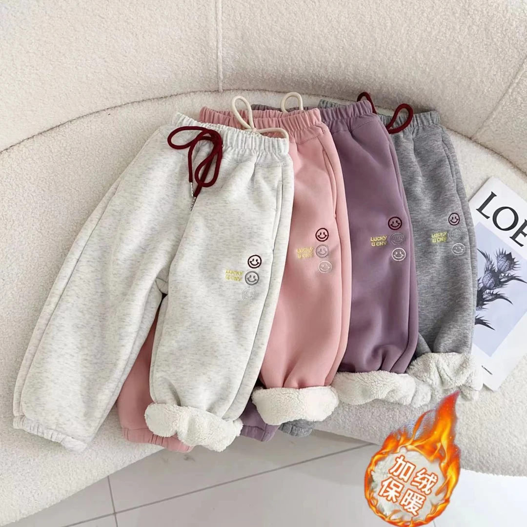 【加厚羔羔绒】汤圆家童装2024冬季笑脸刺绣加厚羔羔绒休闲裤YA-410