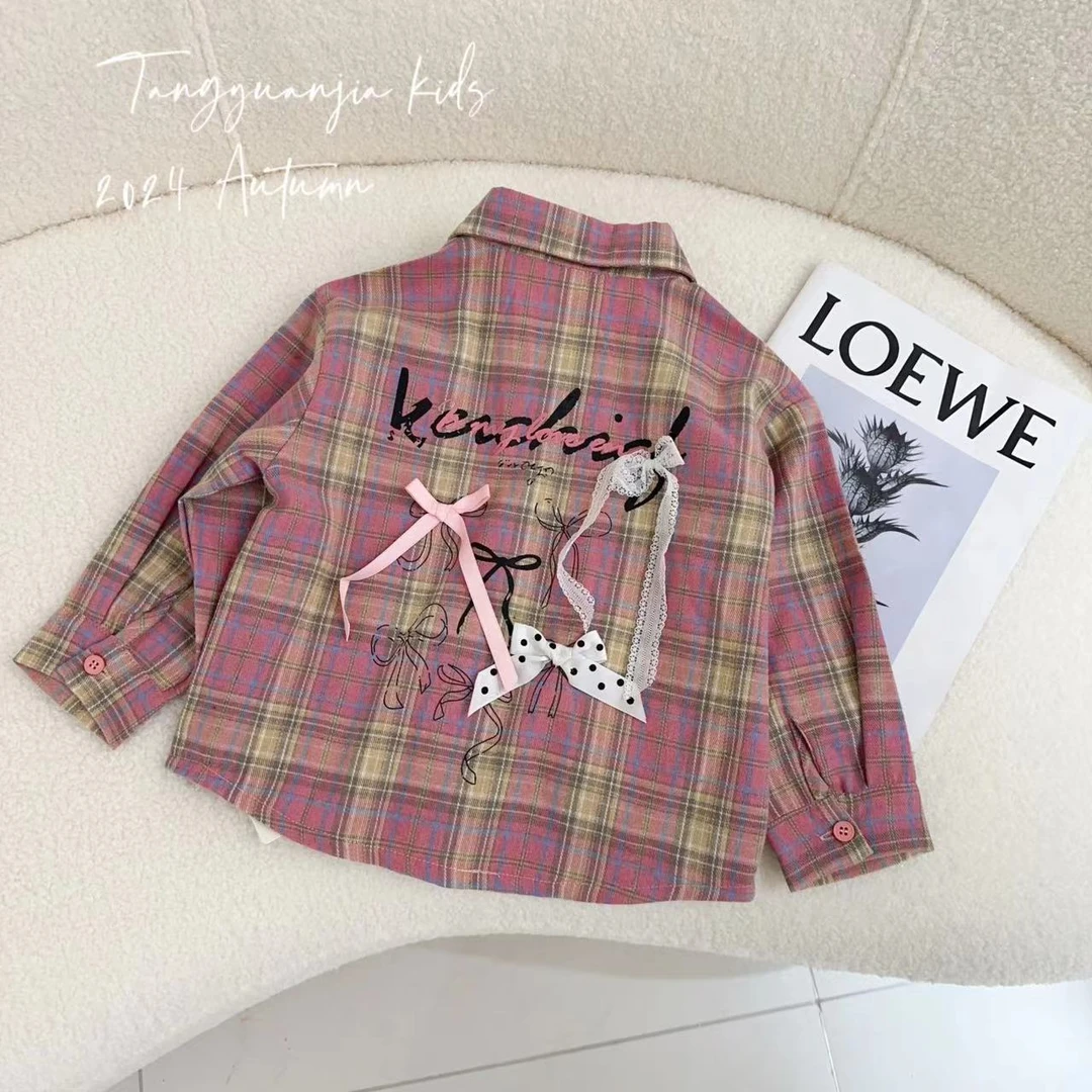 汤圆家童装2024秋里新款韩系芭蕾风蝴蝶结印花格子外套 Y-9290