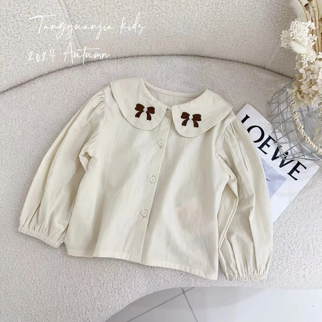 汤圆家童装2024秋季新款森系蝴蝶结刺绣娃娃领娃娃衫外套 Y-9183