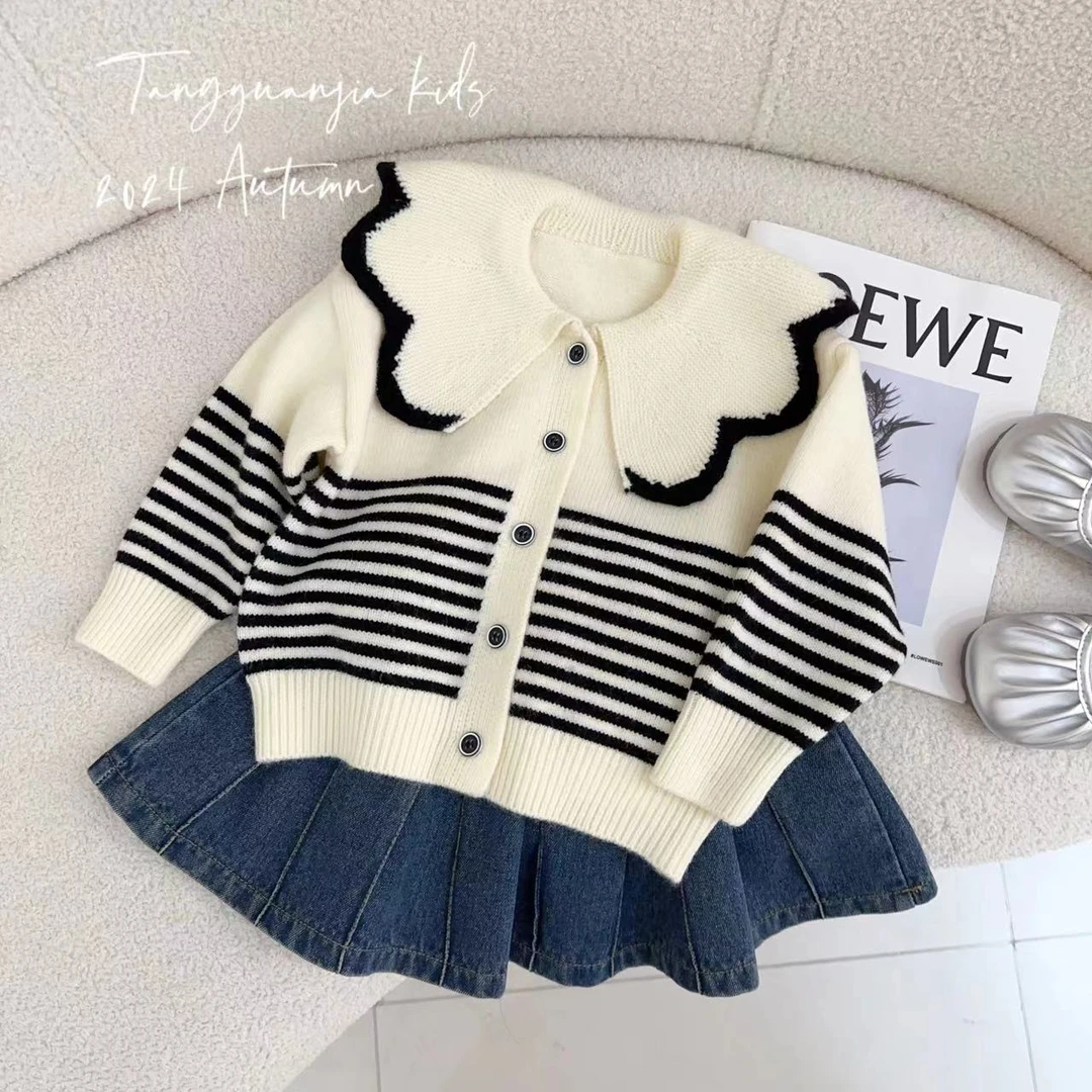 汤圆家童装2024秋季新款韩系学院风花瓣领设计款毛衣开衫 Y-8976