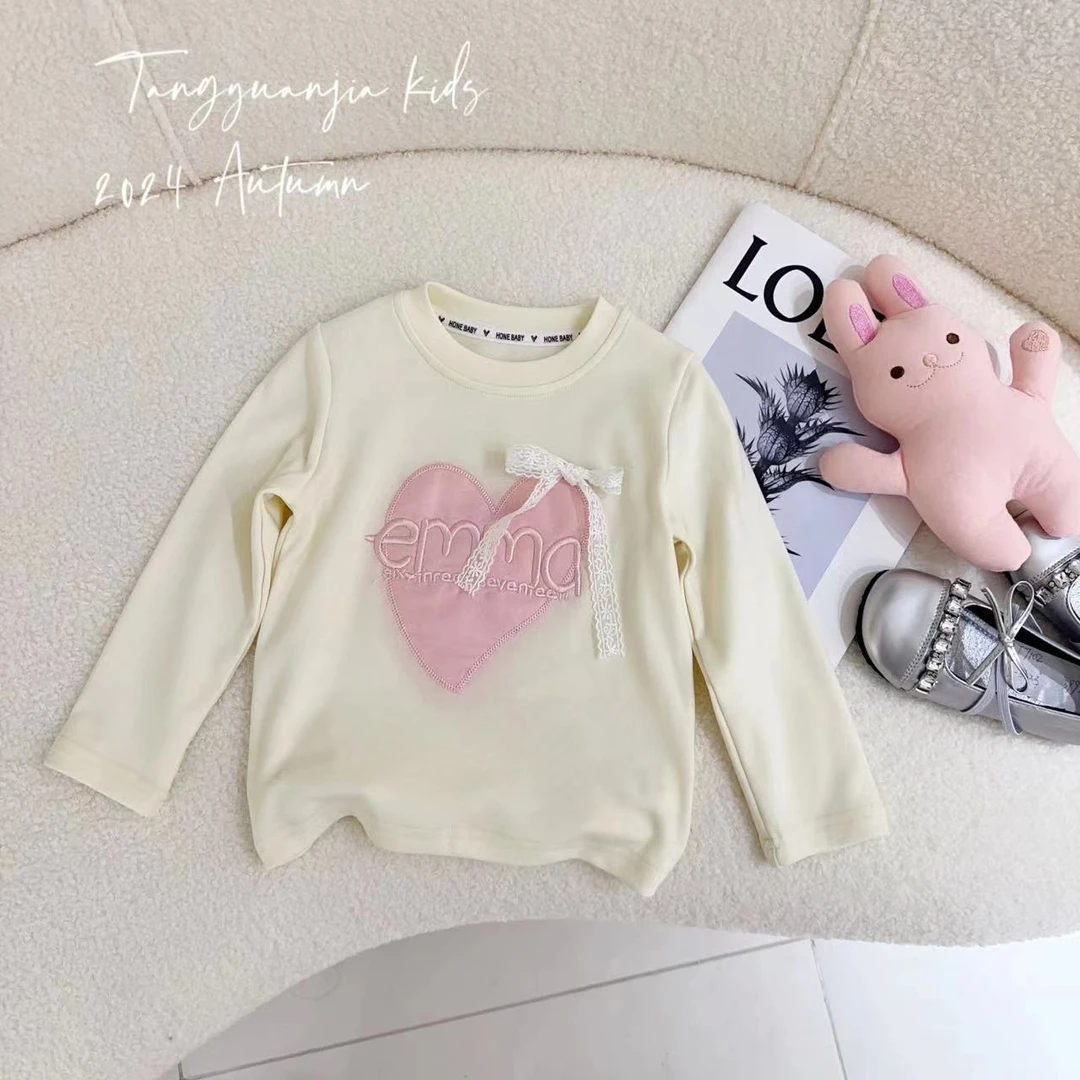 汤圆家童装2024秋季新款韩系晕染爱心刺绣蕾丝蝴蝶结T恤 Y-9369