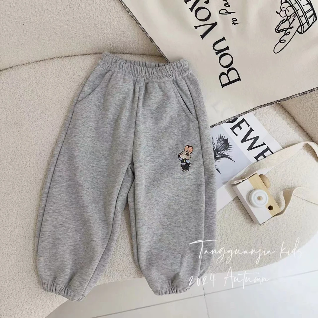 汤圆家童装2024秋季新款韩系卡通兔子刺绣百搭休闲裤 Y-8563