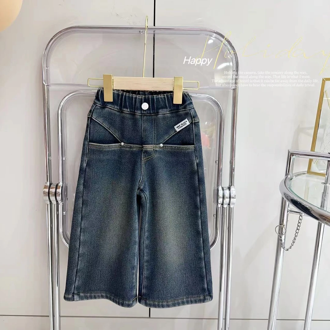 汤圆家童装2024冬季上新韩系字母贴标设计拼接加绒牛仔裤 YA-121