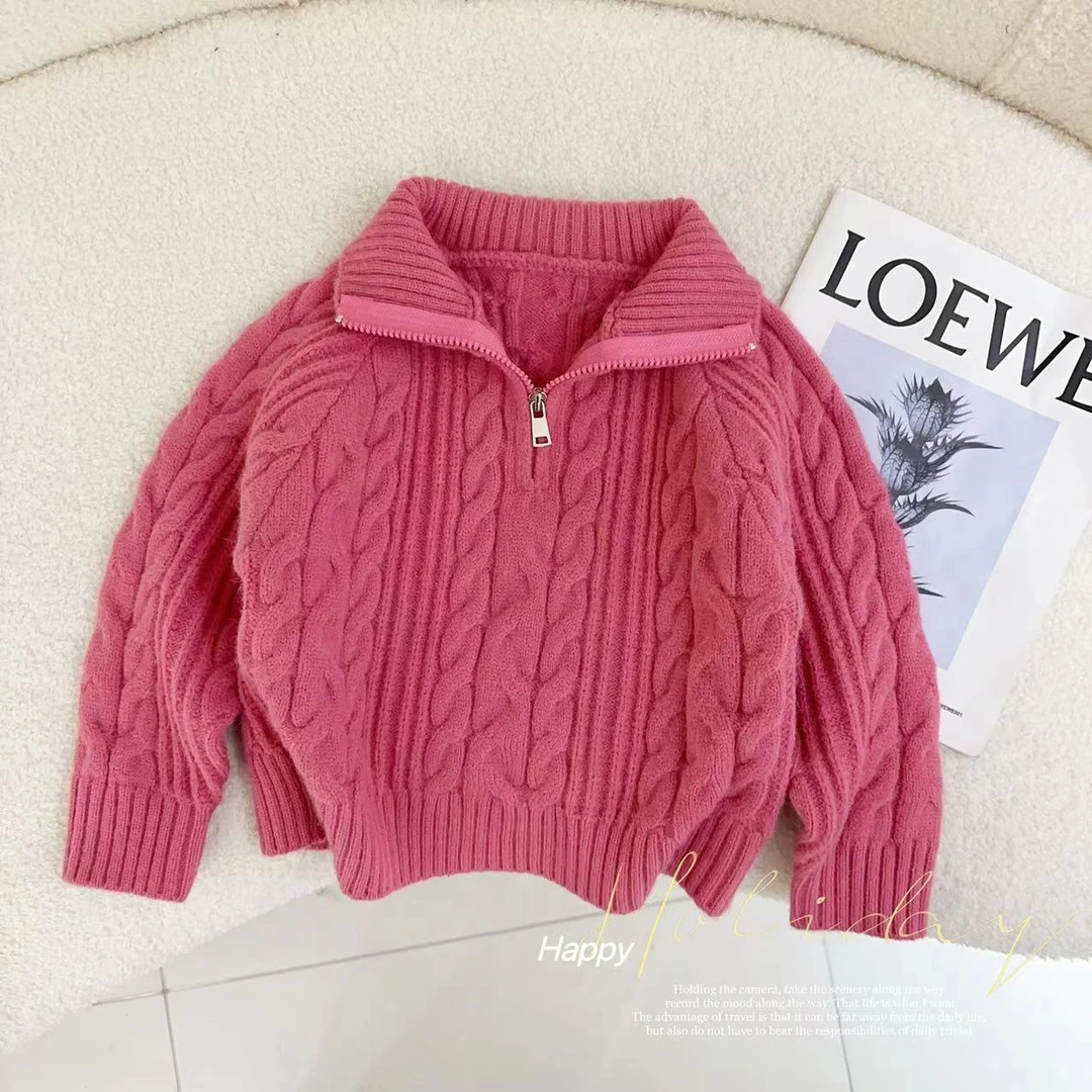 【两穿拉链领口】汤圆家童装2024冬季韩系显白麻花针织毛衣 YA-347