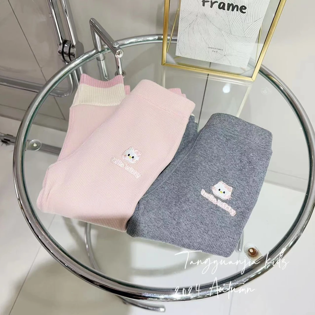 汤圆家童装2024秋季新款韩系甜美KT猫无骨加绒拼接打底裤 Y-9578