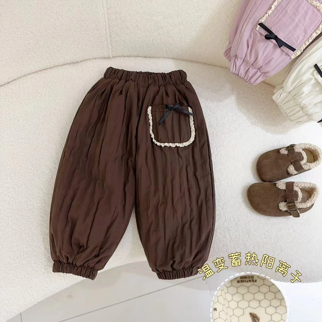 汤圆家童装2024冬季森系蕾丝蝴蝶结口袋加棉温变百搭裤 YA-194