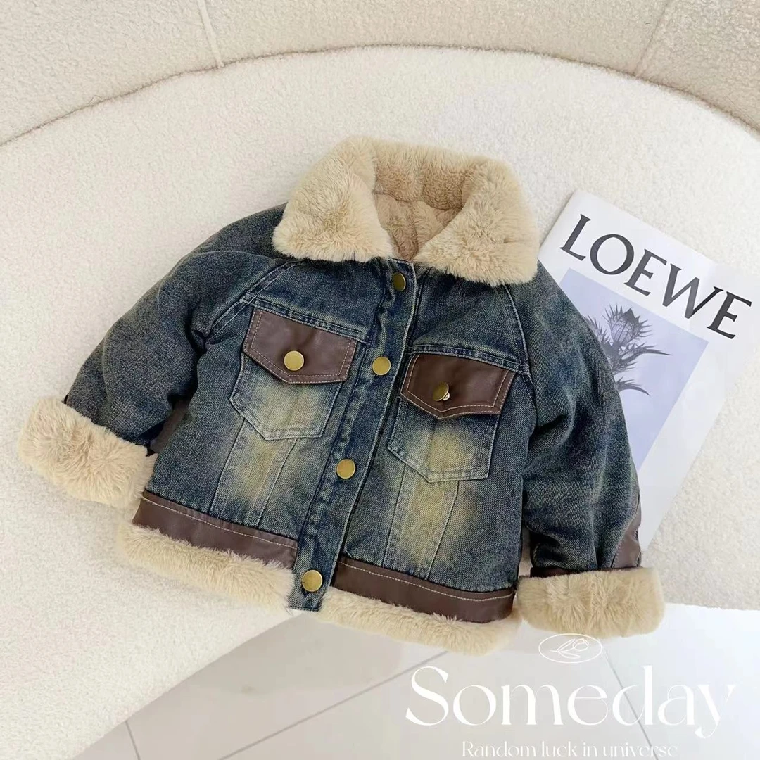 汤圆家童装2024冬季上新韩系复古拼接牛仔加厚派克服 YA-142