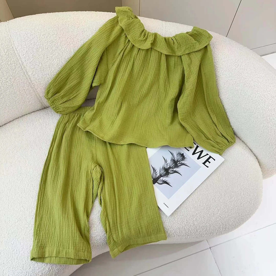 汤圆家童装2024新款韩系荷叶领纯色软糯家居服套装 XA-281