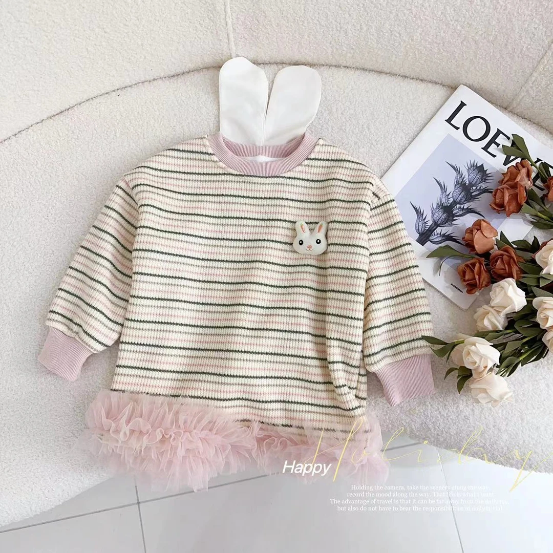 汤圆家童装2024冬季新款韩系甜美卡通条纹加绒长款卫衣 YA-401