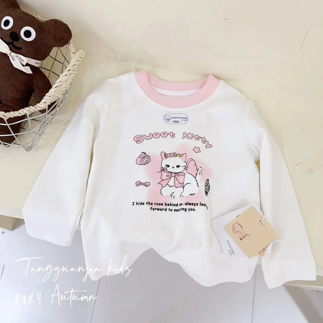 汤圆家童装2024秋季新款韩系甜美卡通美女猫印花T恤 Y-9279