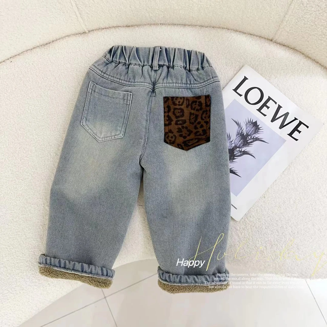 【一条过冬】汤圆家童装2024冬季复古豹纹加厚羔羔绒牛仔裤 YA-400