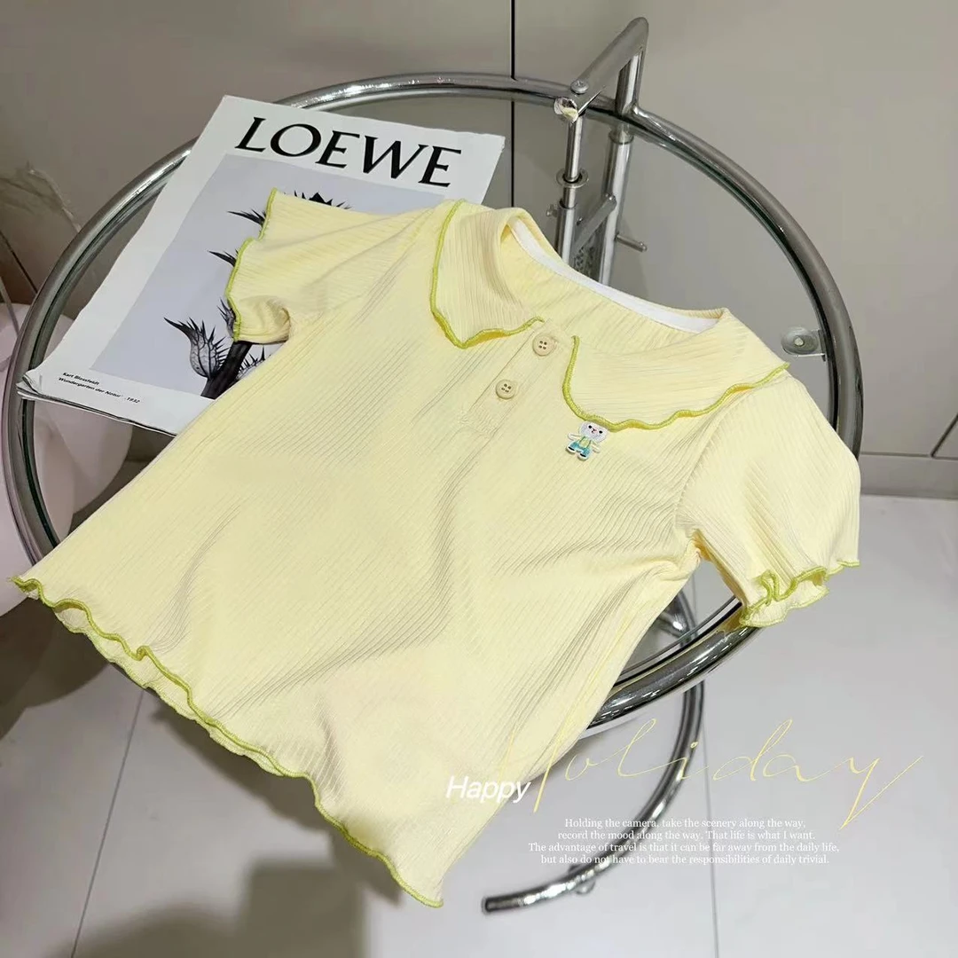 【奶油香草】汤圆家童装2024新款韩系木耳边娃娃领卡通上衣 Y-7832