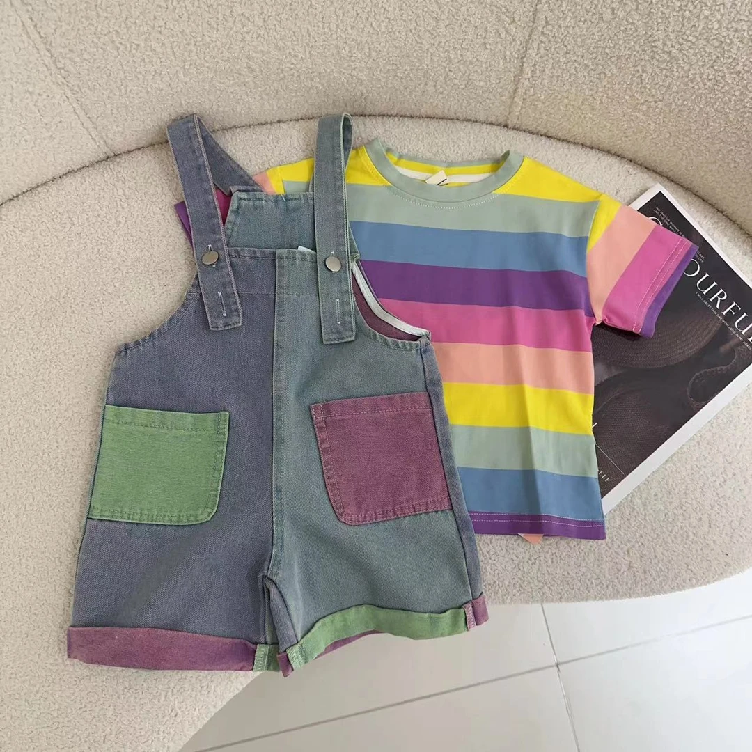 汤圆家童装2024新款韩系不规则彩虹条纹背带裤套装 XA-265