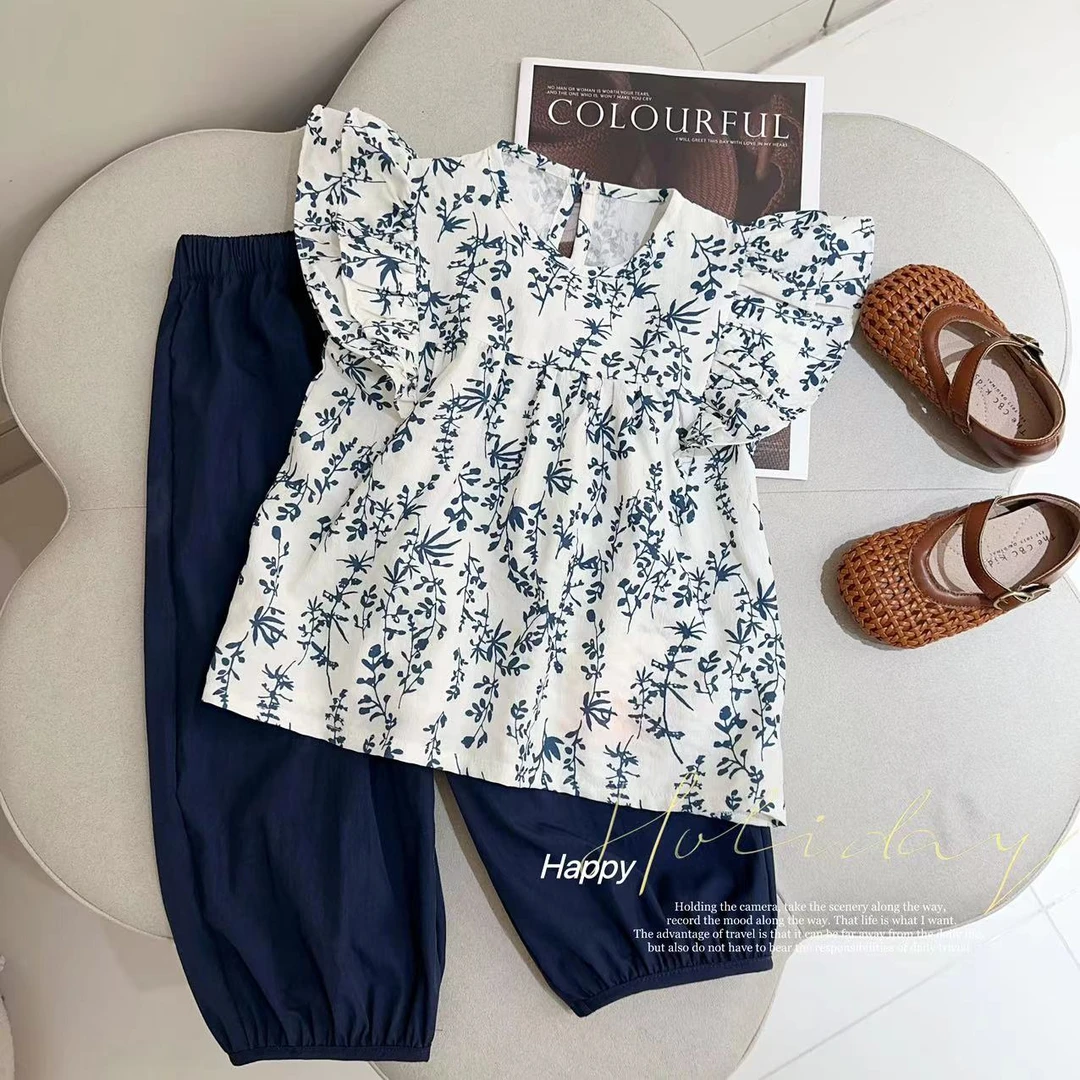 【烟岚云岫】汤圆家童装2024新款木耳边褶皱森系萝卜裤套装 Y-8032