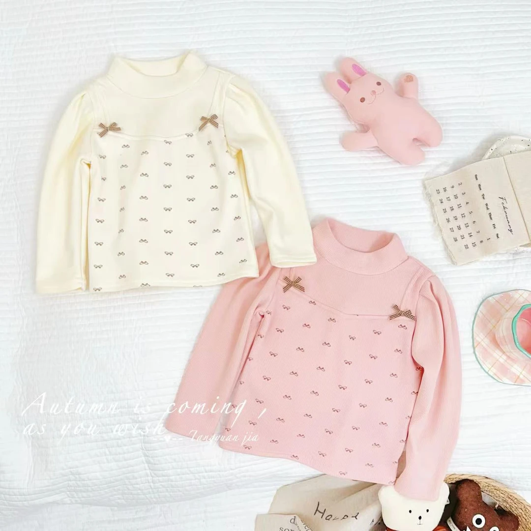 汤圆家童装2024冬季新款森系蝴蝶结坑条甜美加绒打底衫 Y-9840