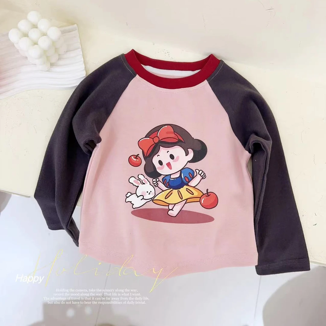 汤圆家童装2024冬季新款韩系甜美白雪公主卡通插肩袖T恤 Y-9764