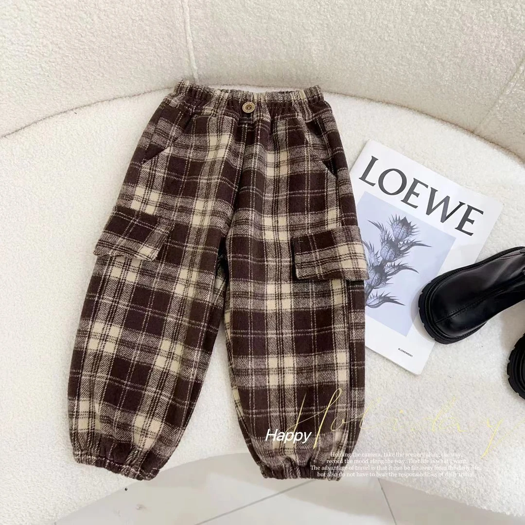 【加厚呢子+柔软舒适】汤圆家童装2024韩系格子加绒工装裤 YA-630