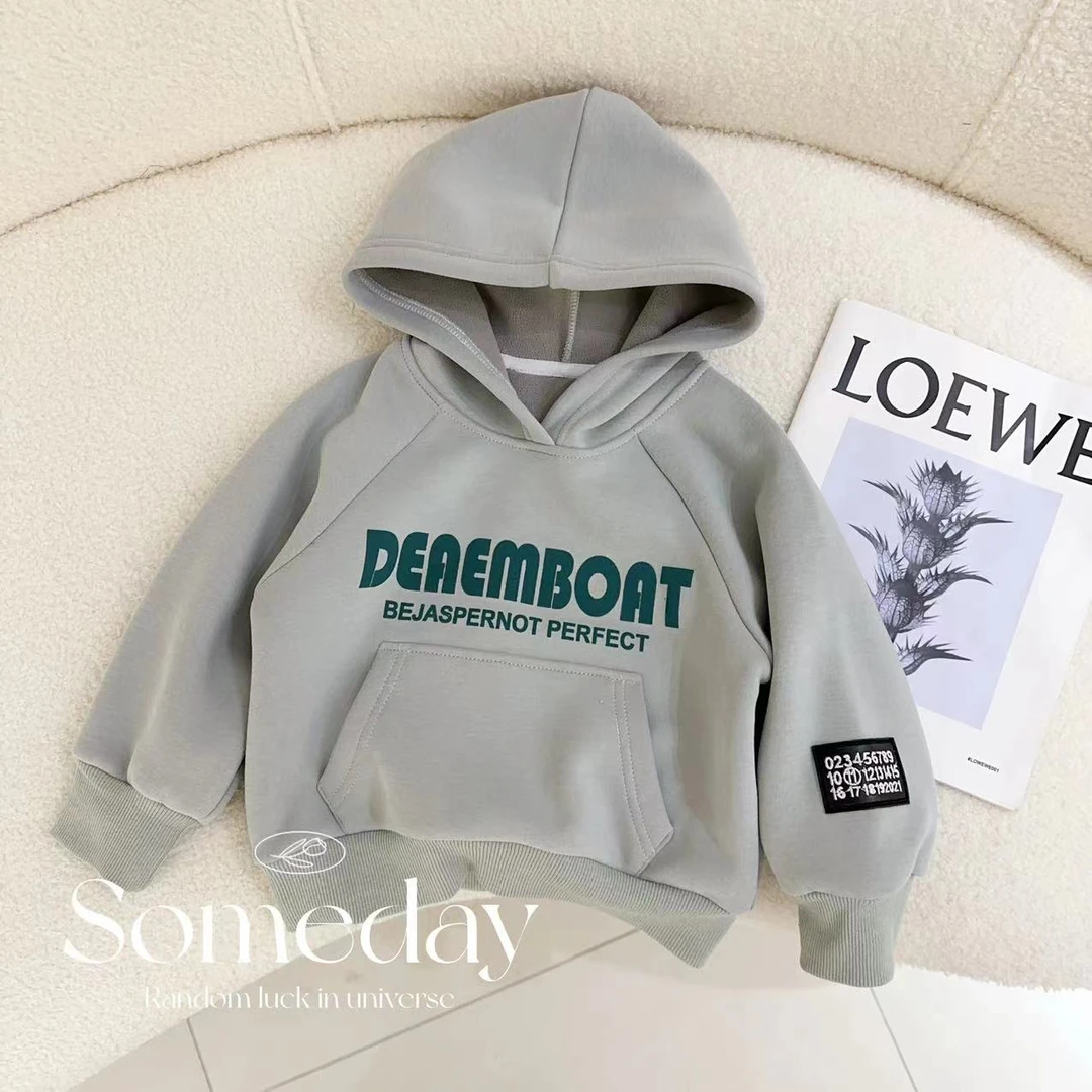 汤圆家童装2024冬季上新韩系简约字母贴标大口袋加绒卫衣 YA-161