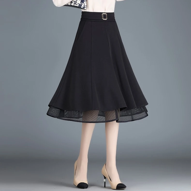 爆款黑色裙子半身裙女春秋季2024新款a字裙洋气显瘦拼接网纱裙子