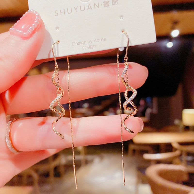 珊野 合金耳饰 精致螺旋镶钻耳线韩国气质网红百搭时尚流苏长款