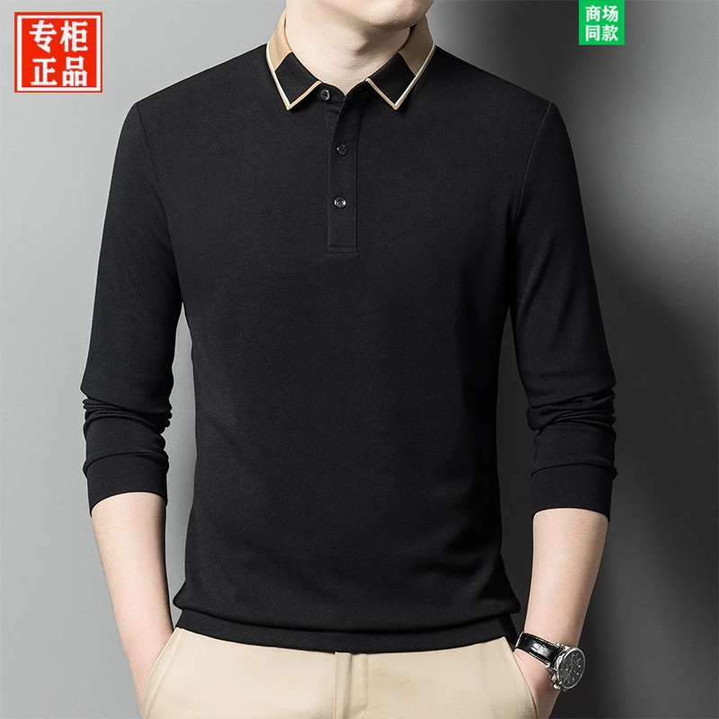 2024秋季新款男士长袖polo衫中年商务休闲翻领宽松桑蚕丝t恤上衣