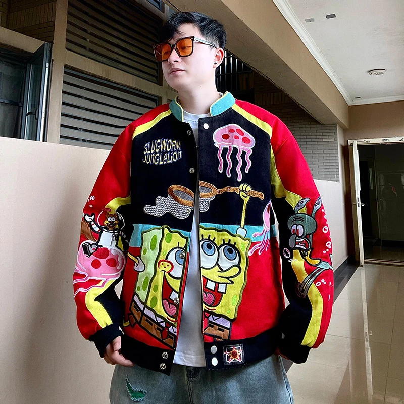 海绵宝宝刺绣机车夹克男女宽松潮牌夹棉加厚嘻哈情侣棒球棉服外套