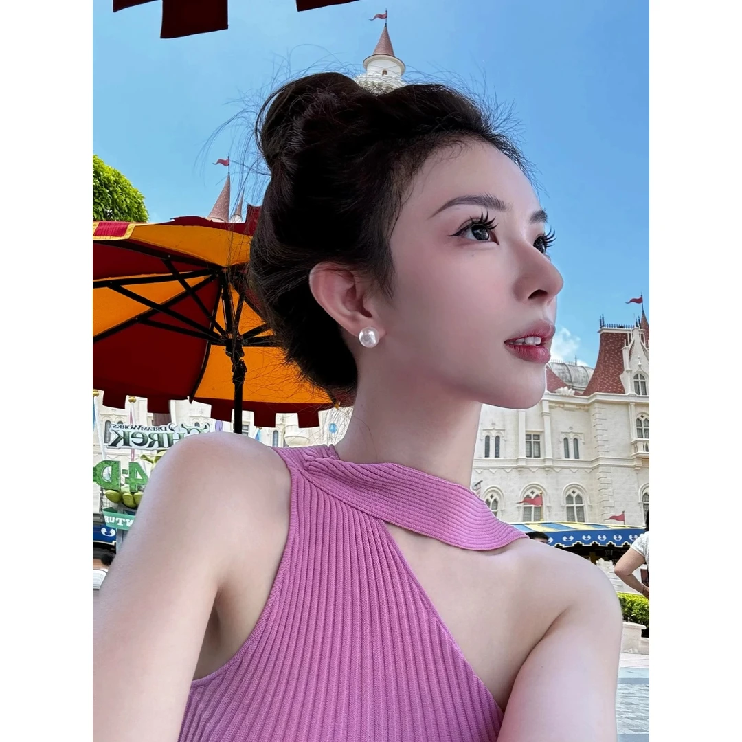 2024新款粉紫色露背单肩斜肩挂脖针织衫吊带背心女夏海边辣妹上衣