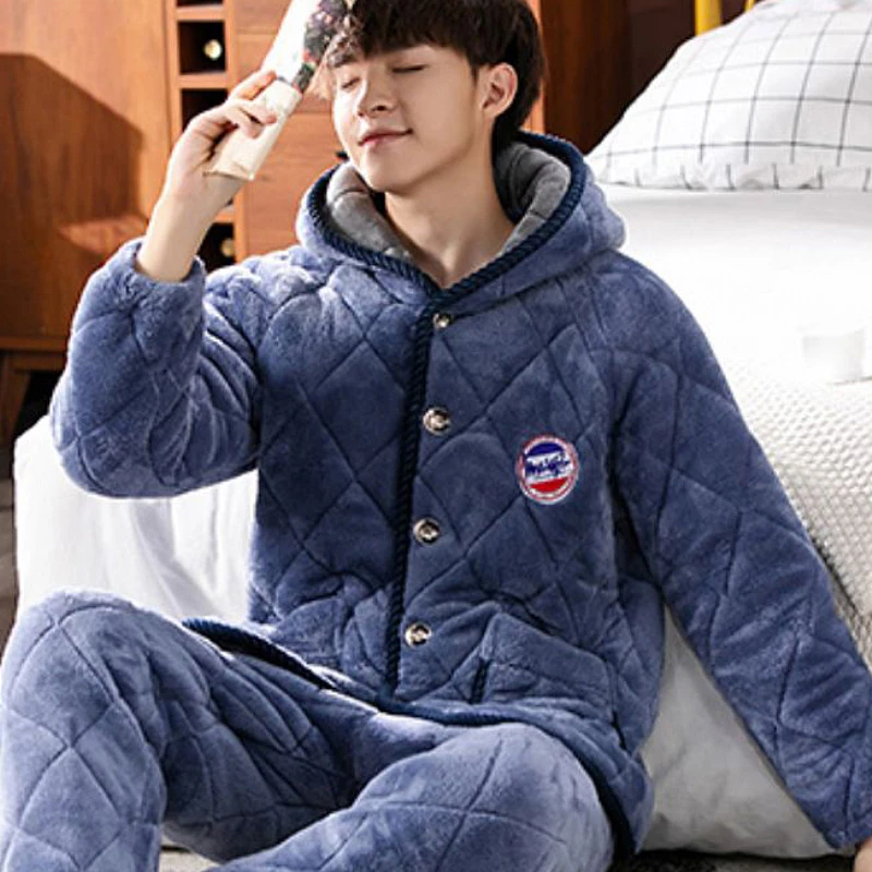 2000g加加加厚情侣款睡衣家居套装连帽大码秋冬三层夹棉加绒保暖