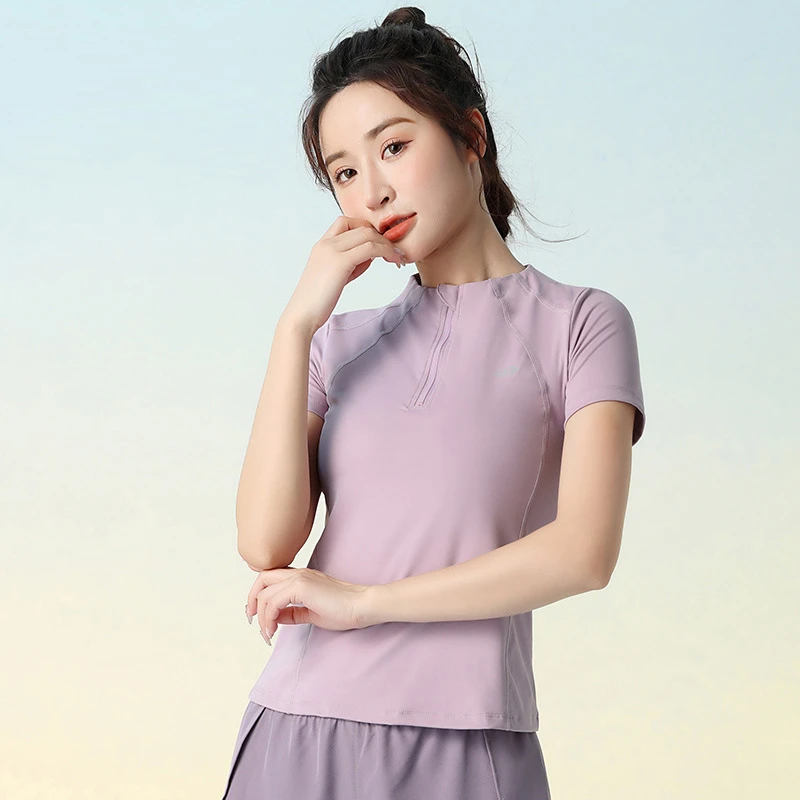 2023夏瑜伽服短袖夏季薄款半拉链高弹训练服跑步健身运动服女上衣