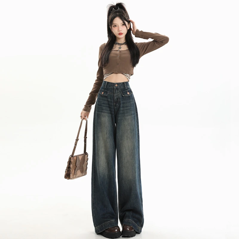 拾籍复古牛仔阔腿裤女2023年秋季新款直筒裤高腰宽松高个子拖地裤