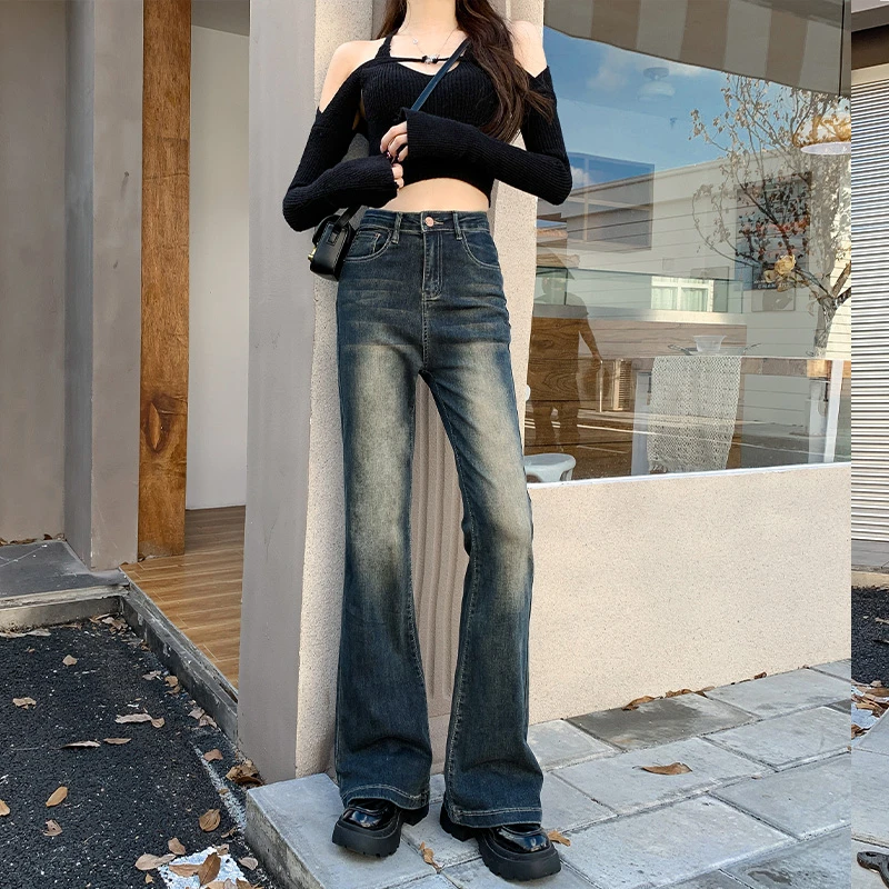 拾籍2023年秋冬新款牛仔裤女微喇高腰显瘦拖地裤小个子马蹄喇叭裤